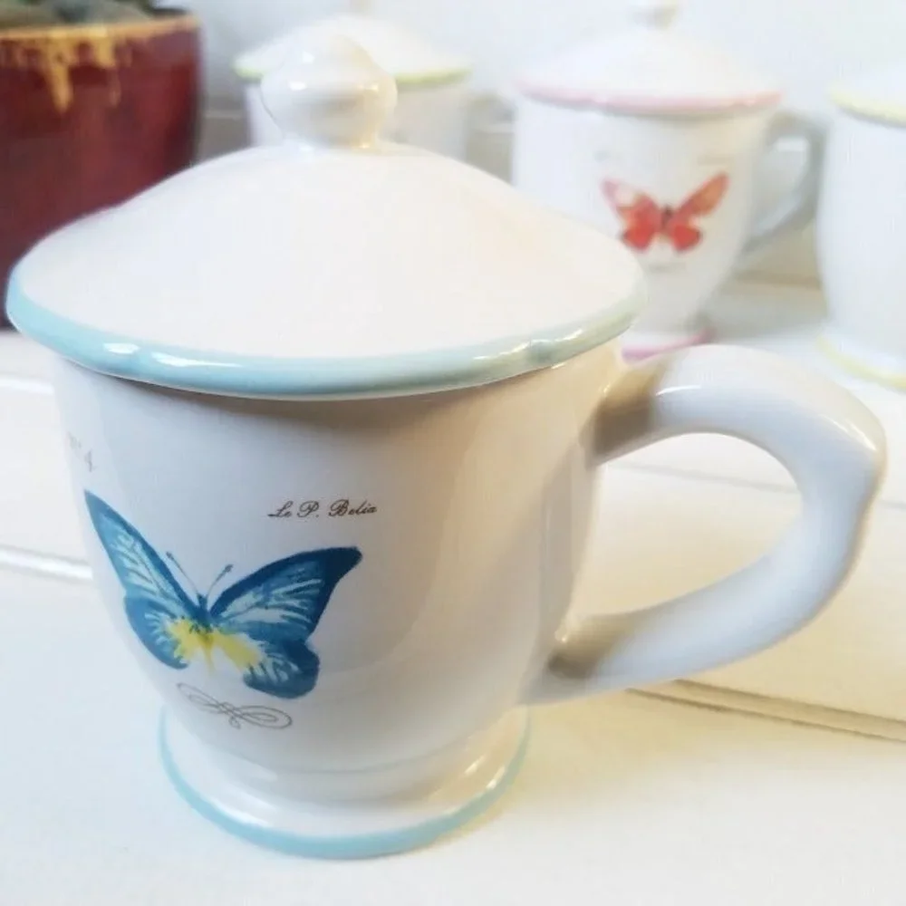 Williams Sonoma Butterfly Garden Mug Cup with Lid - BLUE
